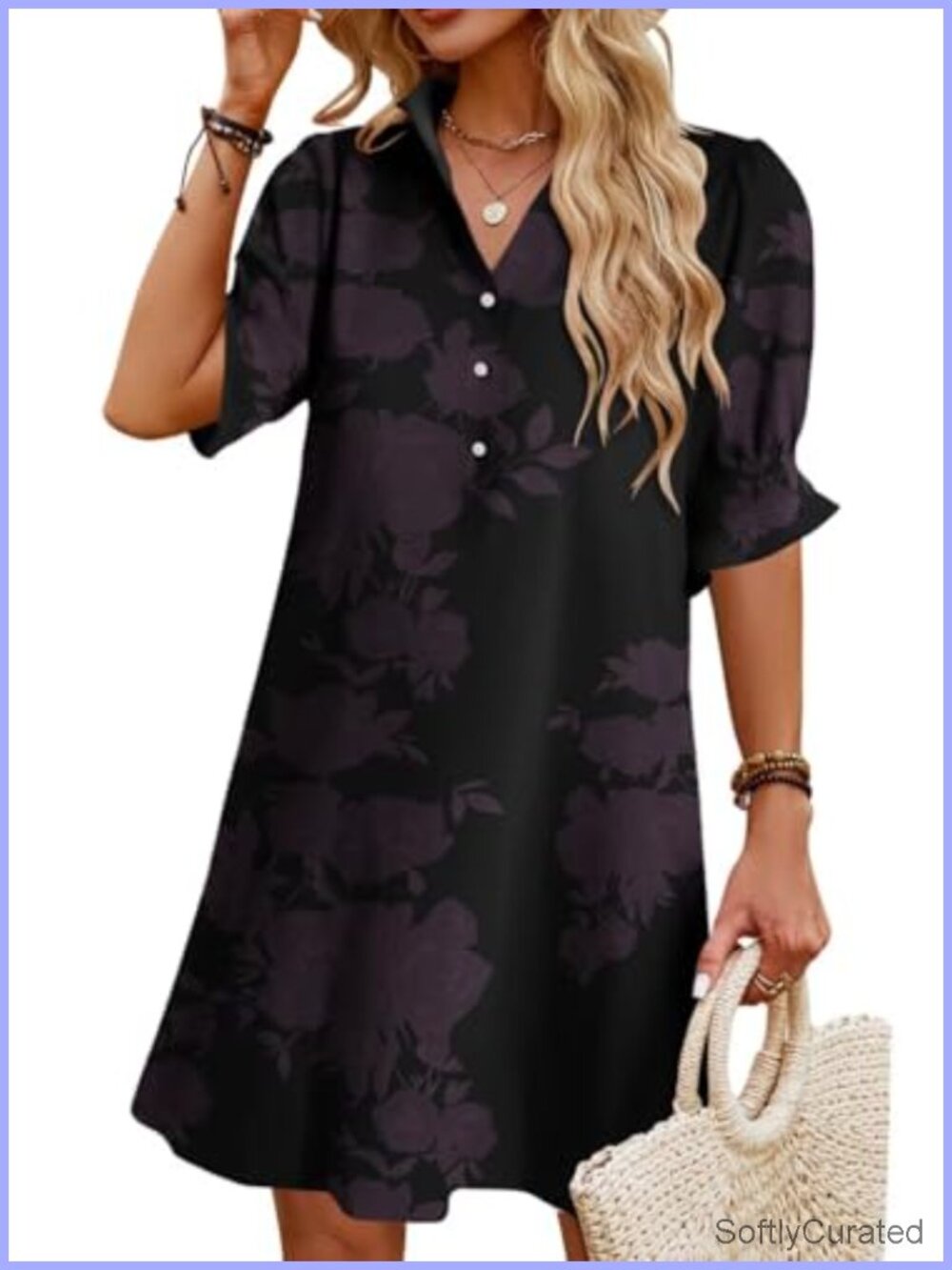 Womens Summer Shift Dress Button V Neck Ruffle Short Sleeve Floral Boho Casual